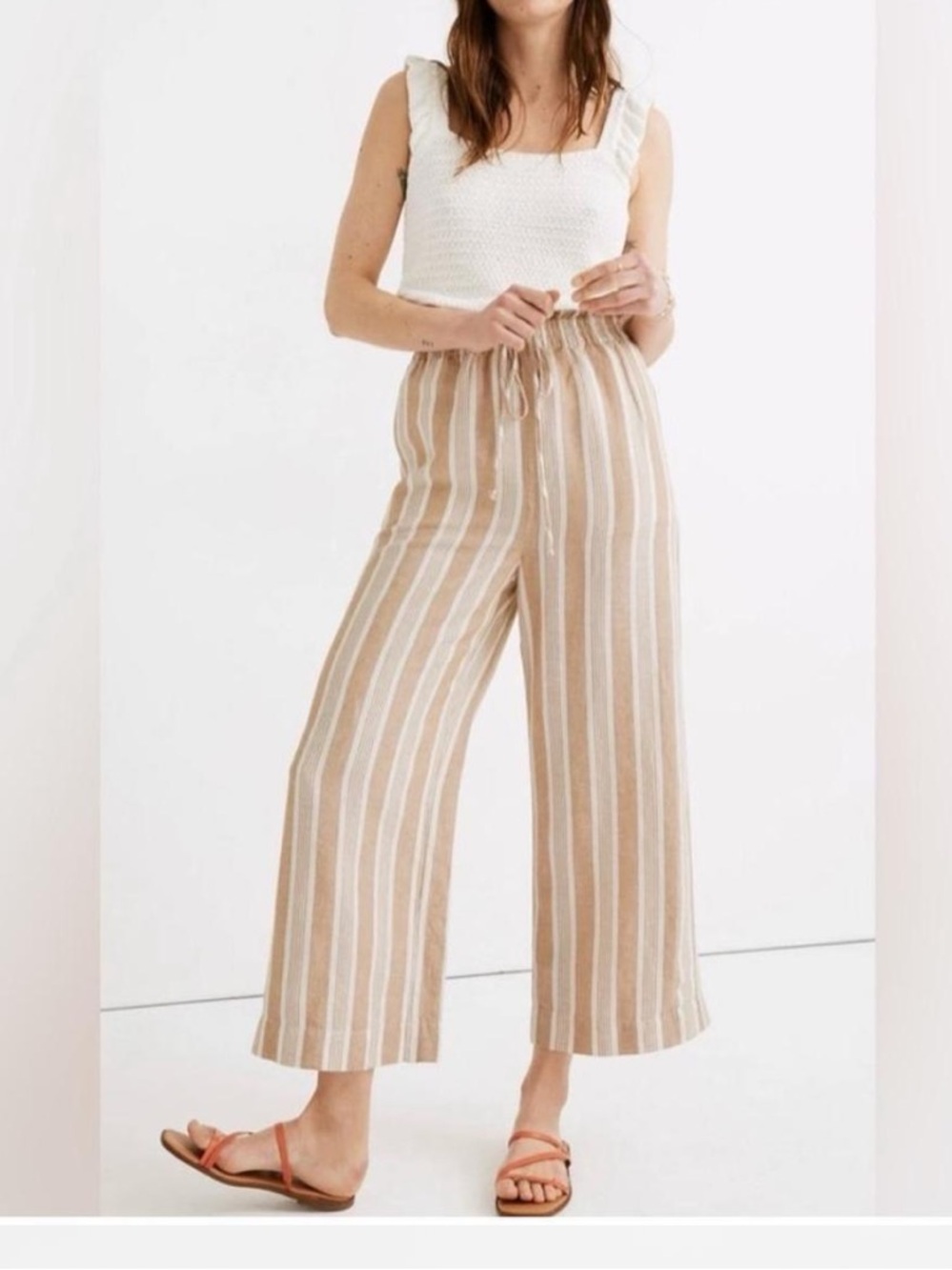 Madewell Huston Linen Strip Crop Pants Natural Beige Medium